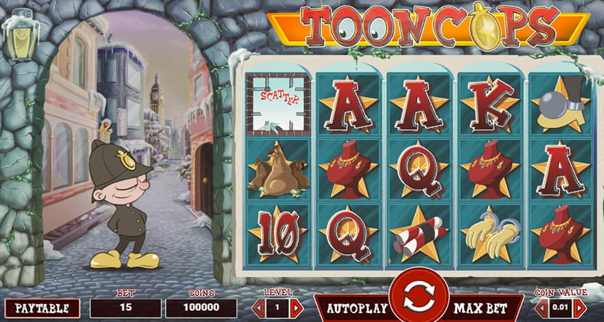 Spin the reels of Tooncops animated slot machine